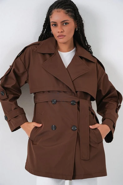 Kuşaklı Kısa Trençkot 5974 - Kahverengi ürün görseli 1