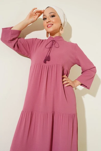 T1627 Yaka Bağcıklı Elbise - A. Pembe - Resim 4