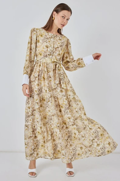 Kuşaklı Uzun Elbise 2584 - B.Sarı - Resim 2