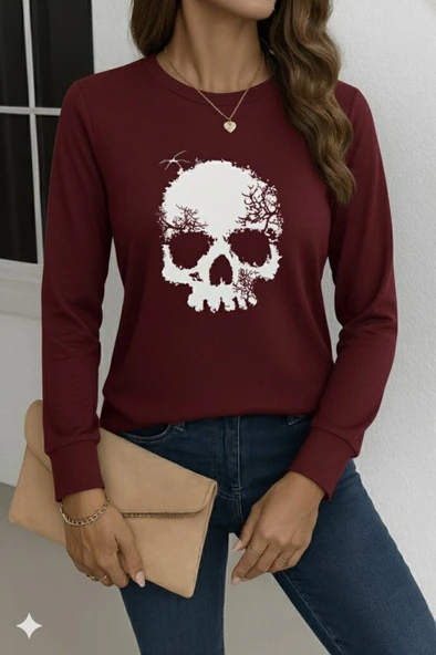 Kadın Uzun Kollu Bisiklet Yaka Kurukafa Desenli Viskon Bluz - Resim 3