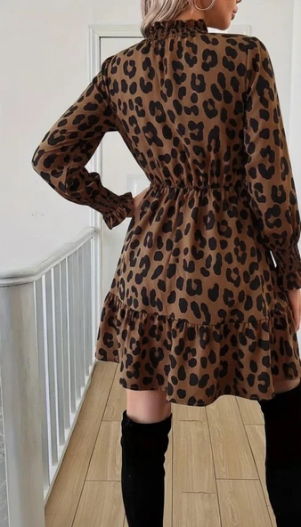 Kadın Uzun Kollu Yarı Balıkçı Yaka Leopar Desenli Modal Mini Elbise - Resim 3