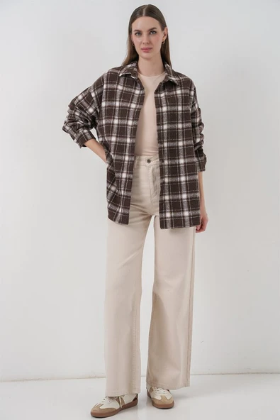 Ekose Desen Oversize Oduncu Gömlek 3854 C. Kahverengi - Resim 3