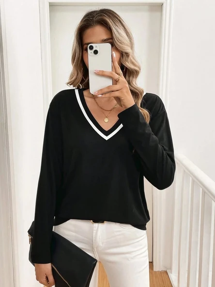 Kadın Uzun Kollu V Yakalı Viskon Iki Iplik Bluz - Resim 2