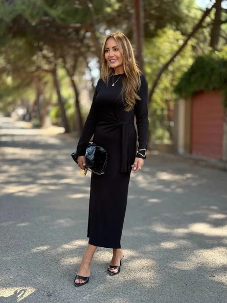 Kadın Uzun Kollu Bisiklet Yaka Yandan Bağlamalı Uzun Modal Elbise - Resim 2