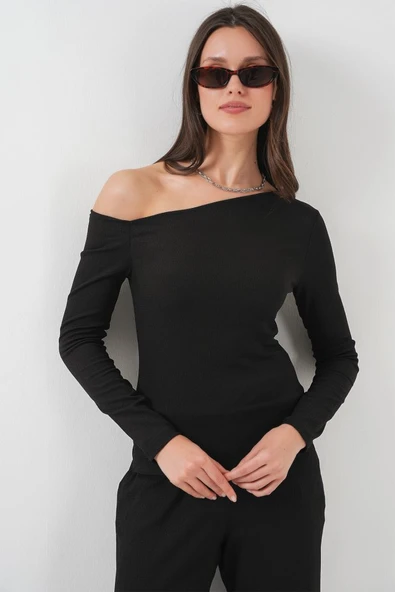 6708 Düşük Omuz Alt Üst Takım - Siyah - Resim 4