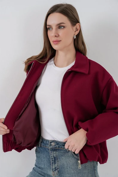 Büzgülü Oversize Kaşe Ceket 0728 - Bordo - Resim 4