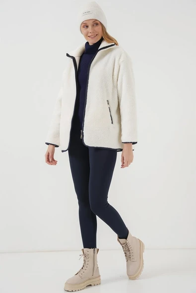 5211 Fermuarlı Peluş Mont - Lacivert - Resim 2