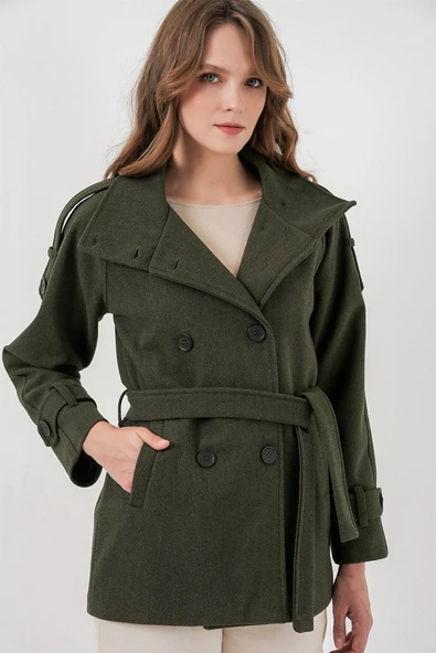 Kuşaklı Kaşe Kaban 9162 - Haki - Resim 3