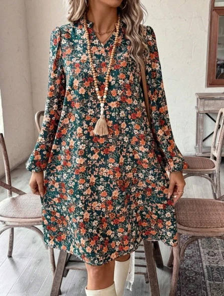 Kadın Uzun Kollu V Yakalı Desenli Modal Mini Elbise - Resim 4