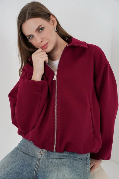 Büzgülü Oversize Kaşe Ceket 0728 - Bordo - Resim 2