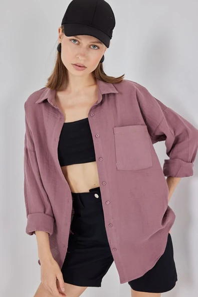 Tek Cepli Oversize Müslin Gömlek 20353 - Koyu Lila ürün görseli 1