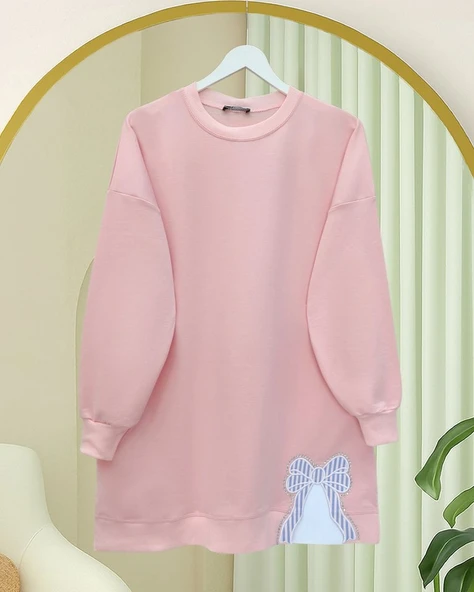 Yuvarlak Yaka Eteği Fiyonk Detaylı  Salaş Penye Tunik  -Pudra ürün görseli 1