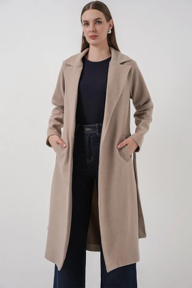 9118 Kruvaze Yaka Kaşe Kaban - A.Bej - Resim 3