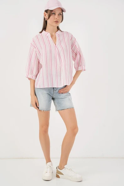 Çizgili Oversize Bluz 967 - Pudra - Resim 2