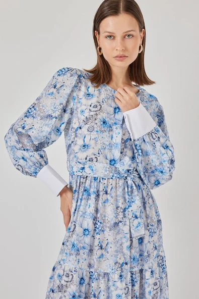 Kuşaklı Uzun Elbise 2584 - Mavi - Resim 3