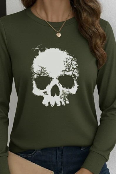 Kadın Uzun Kollu Bisiklet Yaka Kurukafa Desenli Viskon Bluz - Resim 2