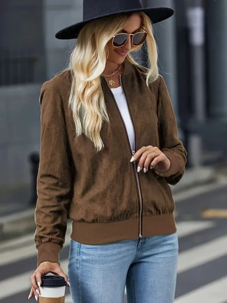 Kadın Uzun Kollu önden Fermuarlı Süet Ceket ürün görseli 1