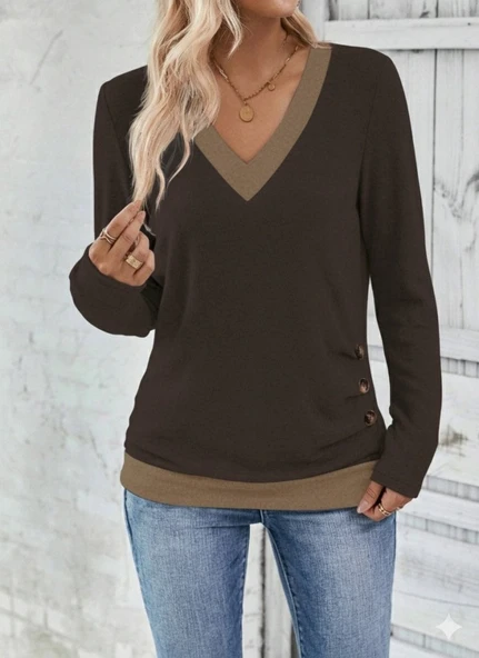 Kadın Uzun Kollu V Yakalı Yandan Düğmeli Yün Viskon Bluz ürün görseli 1