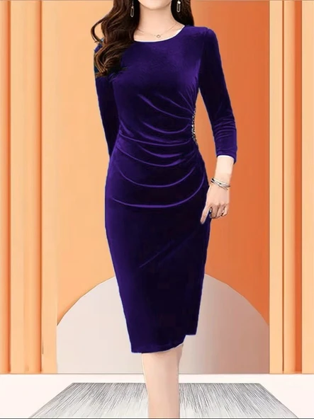 Kadın Uzun Kollu Bot Yaka Yanı Taş Detaylı Midi Kadife Elbise - Resim 2