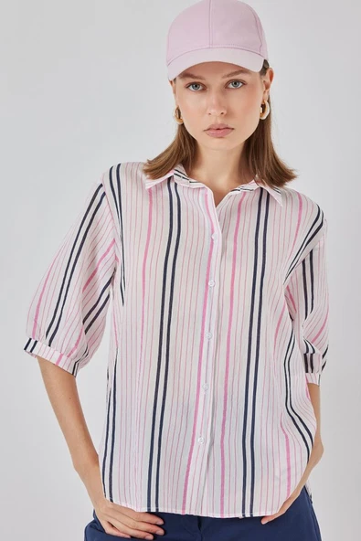 Çizgili Kısa Kol Gömlek 20345 - Pembe ürün görseli 1