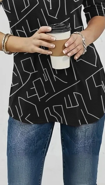 Kadın Uzun Kollu Hakim Yaka Yakadan Fermuarlı Geometrik Desenli Süprem Bluz - Resim 3