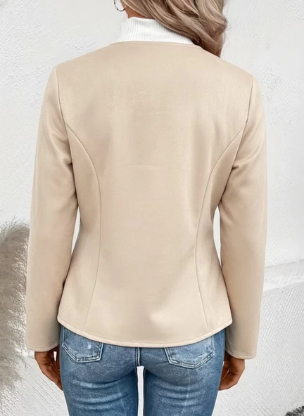 Kadın Uzun Kollu Yuvarlak Yaka önden Fermuarlı Süet Ceket - Resim 3