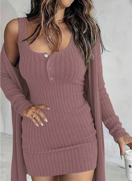 Kadın Askılı Yuvarlak Yakalı önü Düğmeli şardonlu Kaşkorse Mini Elbise Ve Kısa Ceket - Resim 3