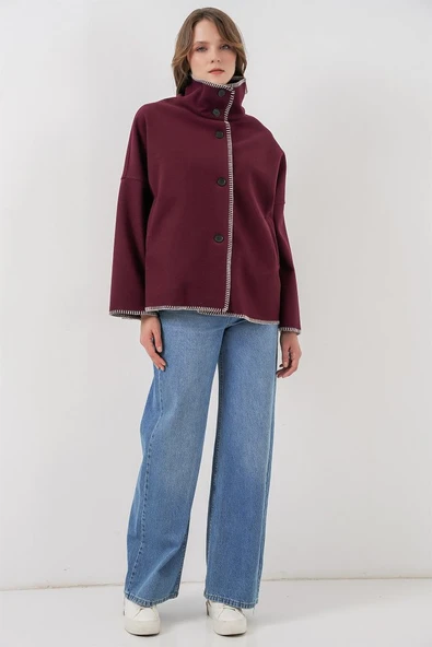 Nakışlı Kaşe Ceket 9167 - Bordo - Resim 2