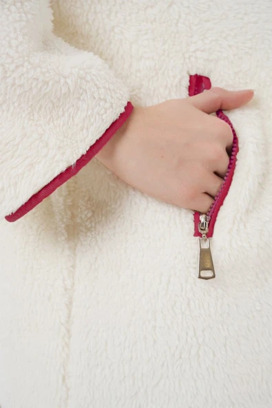 5211 Fermuarlı Peluş Mont - Kırmızı - Resim 2