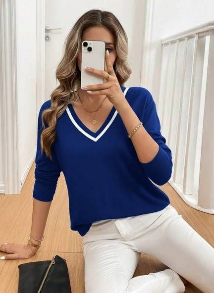 Kadın Uzun Kollu V Yakalı Viskon Iki Iplik Bluz ürün görseli 1