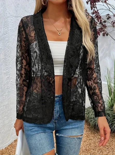 Kadın Uzun Kollu Yakalı önü Açık Dantelli Ceket ürün görseli 1