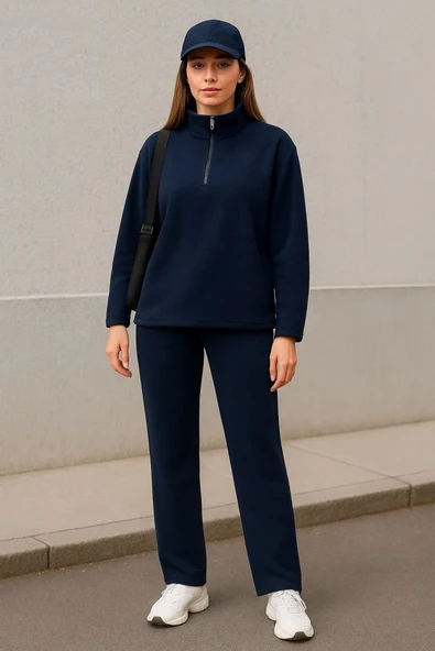 Kadın Balıkçı Yaka Fermuar Detay Polar Sweat Ve Pantolon Ikili Takım - Resim 3