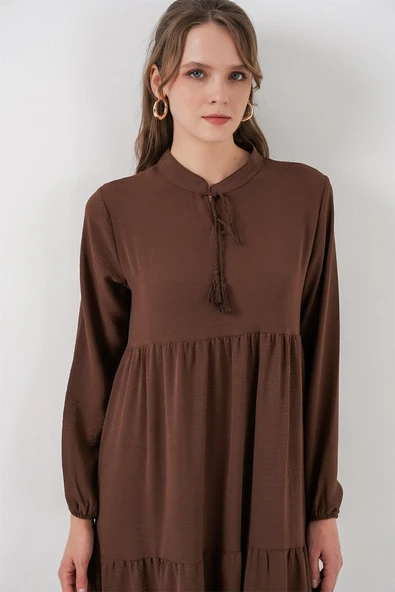 T1627 Yaka Bağcıklı Elbise - E. Kahve - Resim 3