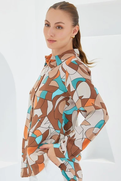 3721 Grafik Desenli Gömlek - Sütlü Kahve - Resim 3