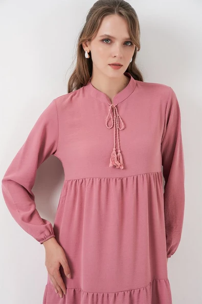 T1627 Yaka Bağcıklı Elbise - Gül Kurusu - Resim 2