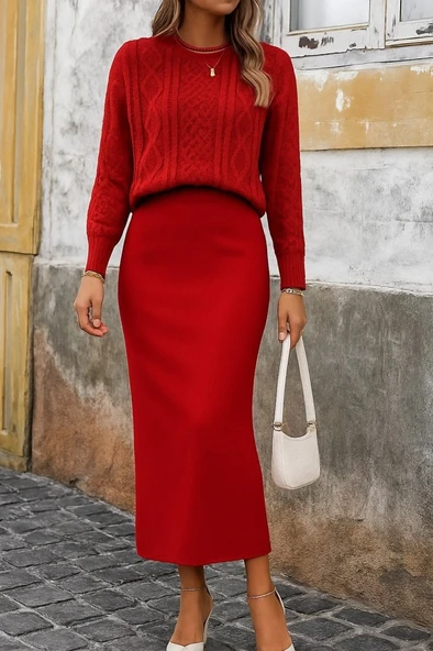 Kadın Uzun Kollu Balıkçı Yaka Bluz Ve Etek Ikili Triko Takım ürün görseli 1