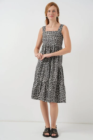 Desenli Askılı Midi Elbise 2577 - Antrasit - Resim 2