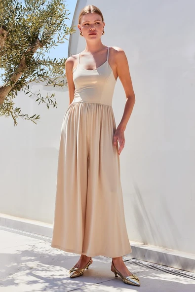 7029 Bol Paça Askılı Tulum - Bej ürün görseli 1