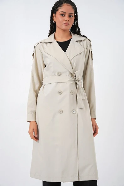 Kruvaze Yaka Trençkot 5978 - Taş - Resim 3