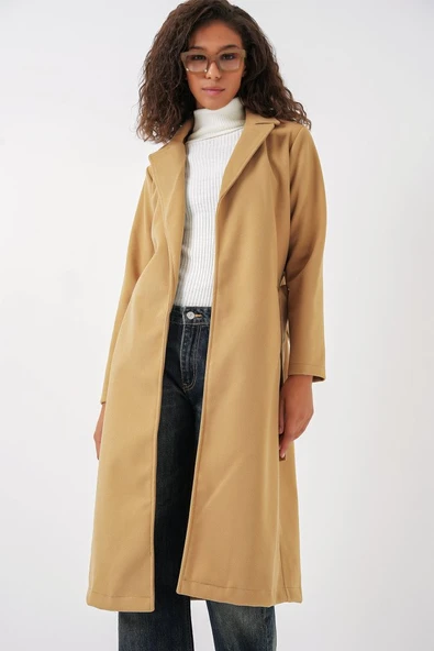 9118 Kruvaze Yaka Kaşe Kaban - Hardal - Resim 3