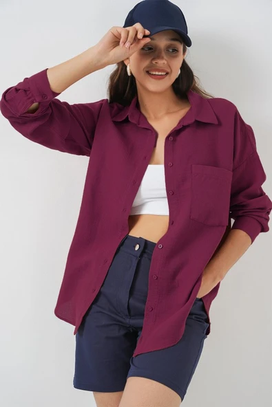 20153 Tek Cepli Oversize Keten Gömlek - Mürdüm ürün görseli 1