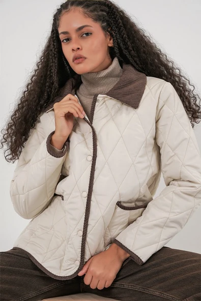 Kapitone Oversize Mont 5226 - Ekru Kahve - Resim 3