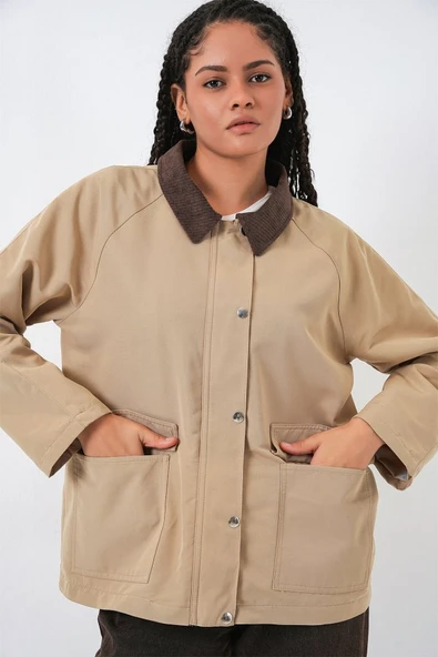 Cep Detaylı Oversize Ceket 5973 - Bej ürün görseli 1