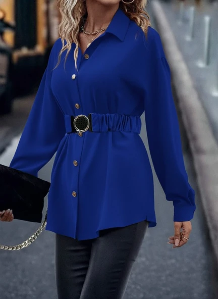 Kadın Uzun Kollu Yakalı önden Düğmeli Belden Kemerli Ithal Krep Bluz ürün görseli 1