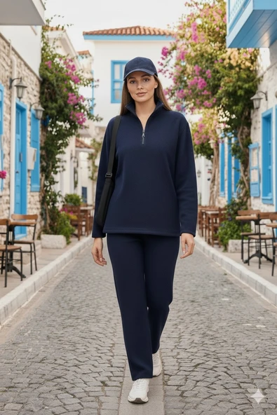 Kadın Balıkçı Yaka Fermuar Detay Polar Sweat Ve Pantolon Ikili Takım ürün görseli 1