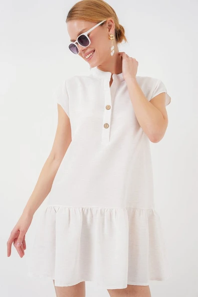 2425 Keten Mini Elbise - Ekru - Resim 2