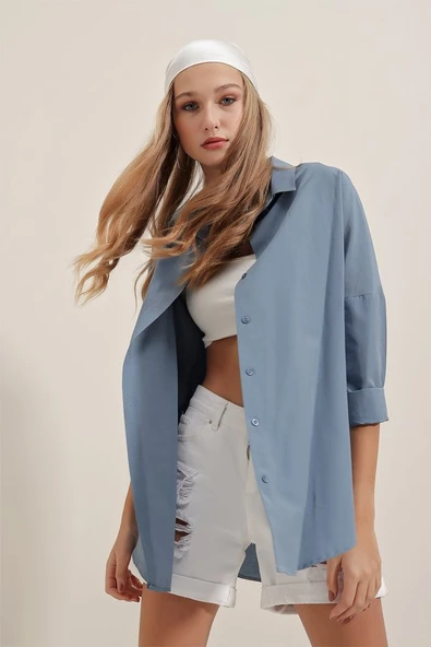 3900 Oversize Uzun Basic Gömlek - İndigo - Resim 3
