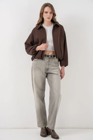 Büzgülü Oversize Kaşe Ceket 0728 - Kahverengi - Resim 2