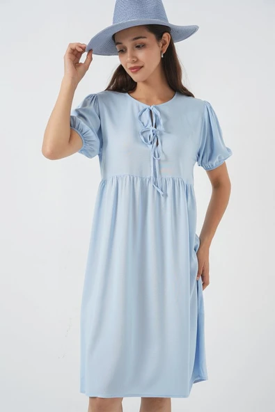 Bağcıklı Midi Elbise 2575 - Mavi - Resim 4