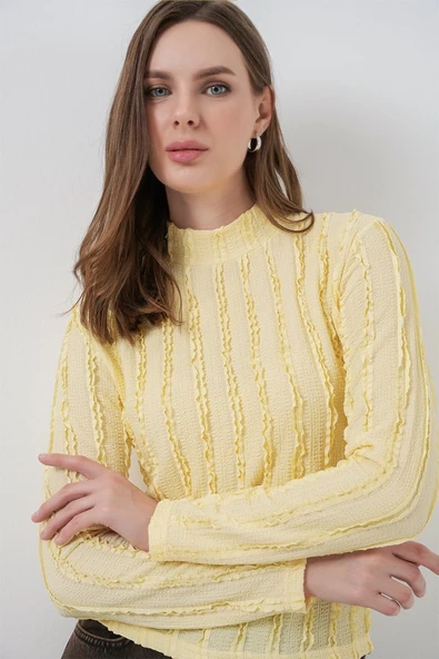 Dokulu Esnek Örme Bluz 975 - Sarı - Resim 4